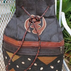 Handcrafted  Leather  Backpack Purse * Vintage Handmade Wool * Southwest
